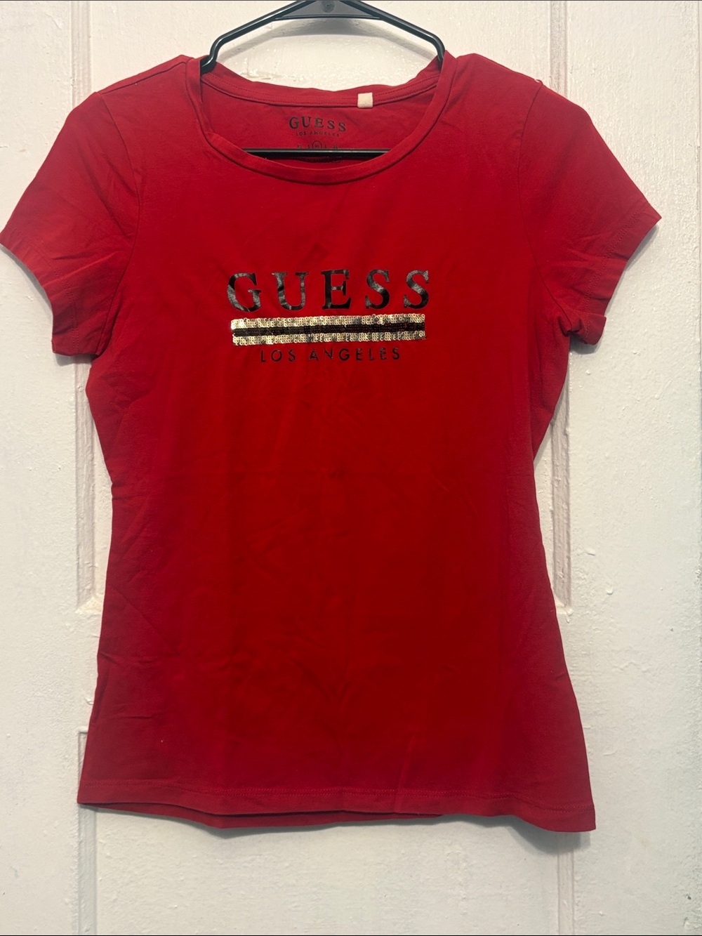 GUESS Red Short Sleeve Tee with Gold Sequin Accent
